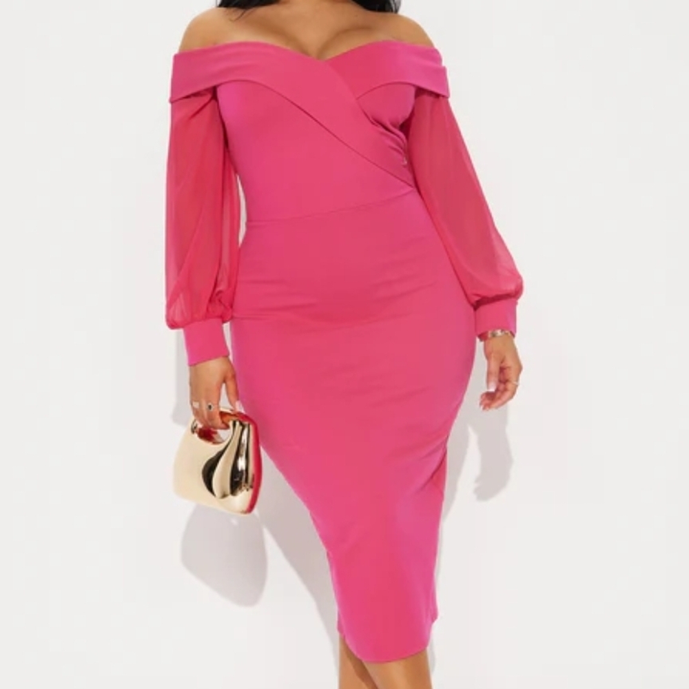 Fashion Nova Vibrant Pink Off-Shoulder Midi Dress